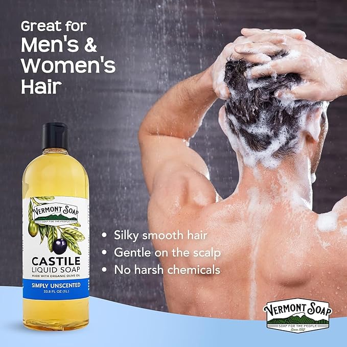 Vermont Castile Unscented Gentle Liquid Soap for Sensitive Skin, Natural Body Wash, Organic Hair Shampoo for Oily Hair, Aloe for Men & Women - 33.8 Oz