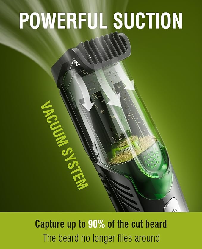 Vacuum Beard Trimmer for Men, Rechargeable Mustache Trimmer with Adjustable Length Comb (1-20MM), IPX6 Waterproof Built-in Electric Beard Trimmer for Beard, Mustache and Stubble