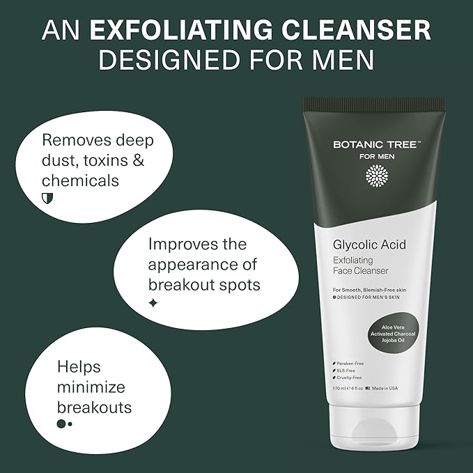 Botanic Tree Men's Face Wash with Glycolic Acid & Activated Charcoal (6oz.) - Deep Cleaning and Energizing Facial Exfoliating Cleanser…