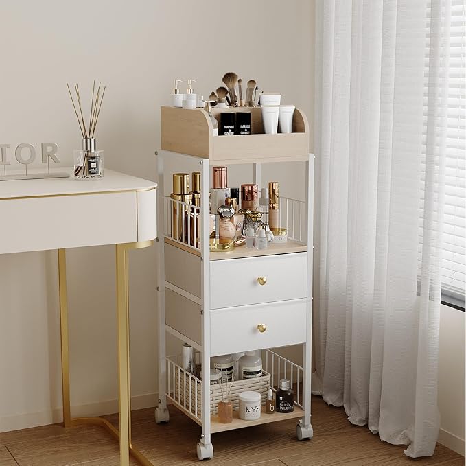 Floor Makeup Organizer Cart - Rolling Makeup Cart with Drawers, Skincare Make Up Organizers and Storage, Cosmetics Display Cases Holder for Skin Care Nail Polish Perfume Makeup Brush (White)