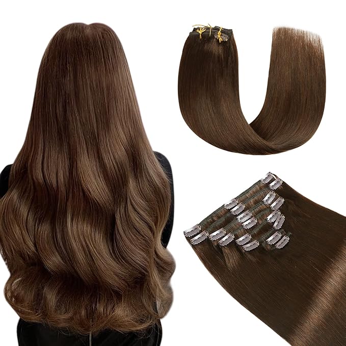 YILITE Clip in Hair Extensions 120g 8Pcs/Pack Chocolate Brown Double Weft Silky Straight Remy Human Hair Thick Clip in Real Hair Extensions for Women (16inches #4 Medium Brown)