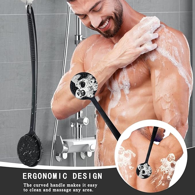 VWMYQ Silicone Back Scrubber for Shower, Bath Body Brush with Long Handle, Double Sided Shower Brush for Shower Exfoliating and Massage Can Produce Rich Foam, Long Handle Back Scrubber for Men