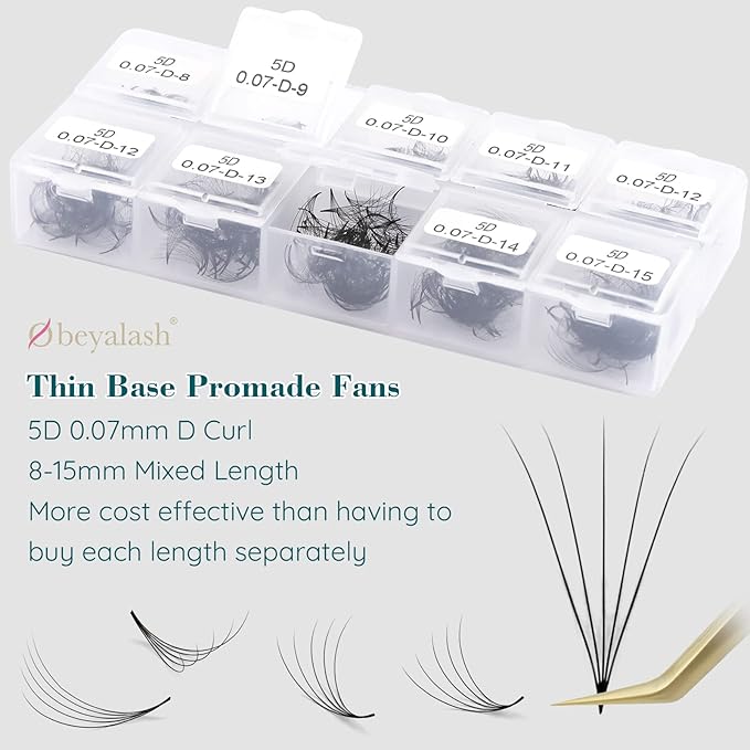 Promade Fans Eyelash Extensions 1000 Pcs Loose Fans 4D 0.07mm C Curl Premade Fans Lashes 8-15mm Pro Made Fans Eye Lash Extensions Easy Application Long Lasting(4D 0.07 C 8-15 mix)