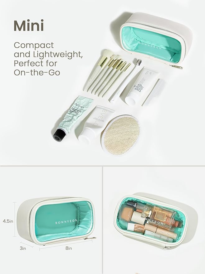 ROWNYEON 3-Piece Premium Cosmetic Organizer Set - Clear PVC & Faux Leather Storage Bags with Jewel-Tone Blue Lining, Waterproof Travel Toiletry Cases for Home/Carry-On (Jumbo/Medium/Mini)