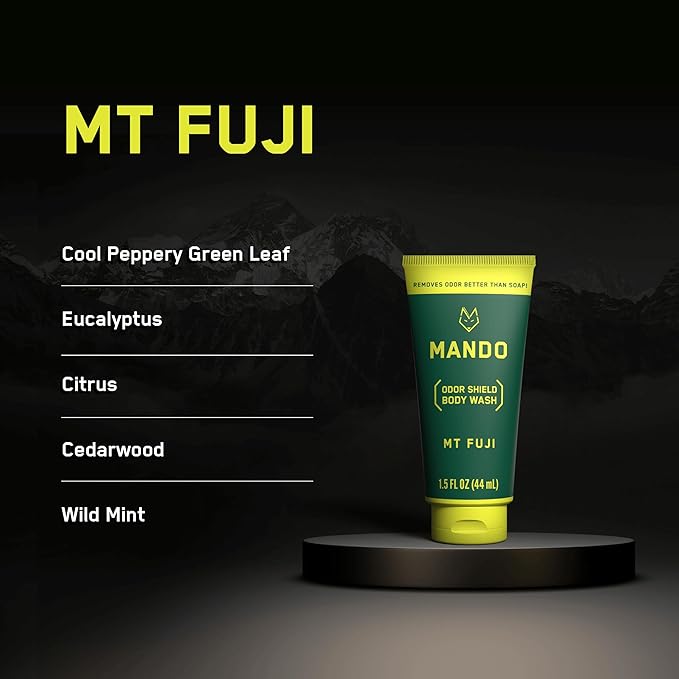 Mando Mini Body Wash - 24 Hour Odor Control - Removes Odor Better than Soap - 1.5 Ounce Tubes (Pack of 4, in 4 scents: Bourbon Leather, Pro Sport, Mt Fuji, Unscented)