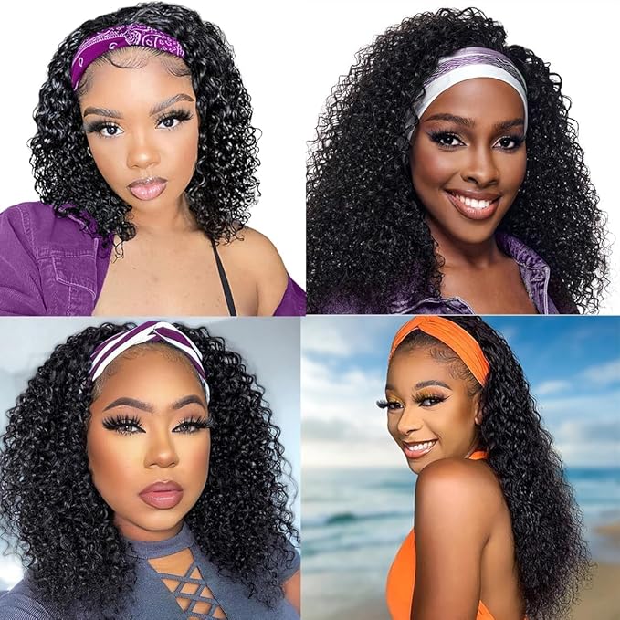 JCL Headband Wig Human Hair Deep Wave Headband Wigs Wig 12 Inch Glueless Wigs Human Hair Natural Color Curly Wigs for Black Women Human Hair None Lace Front Wigs