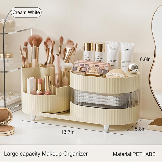 Ivory Rotating Vanity Organizer with Drawer & Brush Holder - 3 Layer Cosmetic Skincare & Perfume Storage - Countertop Makeup Display Case