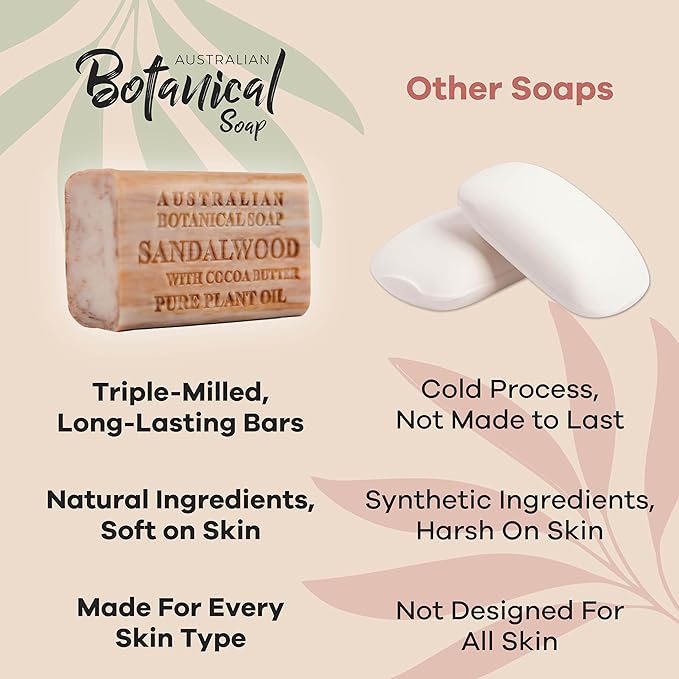 Australian Botanical Soap Sandalwood with Cocoa Butter 6.6 oz Luxury Soap Bars Enriched with Shea Butter, Suitable for Men, Women and All Skin Types, Pack of 4