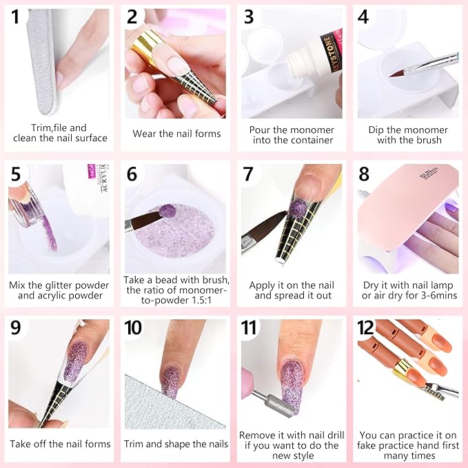 Nail Practice Hand for Acrylic Nails, Flexible Practice Nail Hand Training Kits, Movable Fake Nail Hand to Practice Fake Nails with Nail Drill, Nail Dryer Lamp, 12 Colors Acrylic Powder Beginners Kit