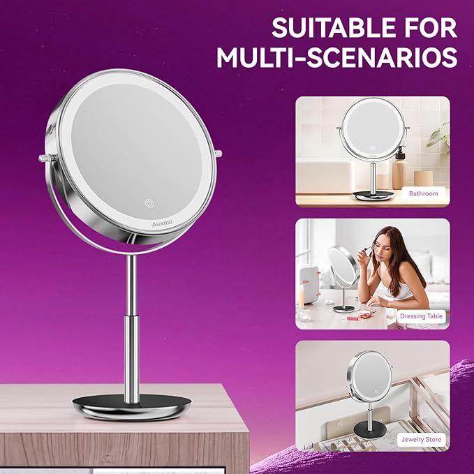 8" Lighted Makeup Mirror Rechargeable 1X/10X Magnifying Mirror with 3 Dimmable Colors Light, Double Sided Vanity Mirror with Stand, 360ยฐ Rotation Touch Screen Tabletop, Chrome
