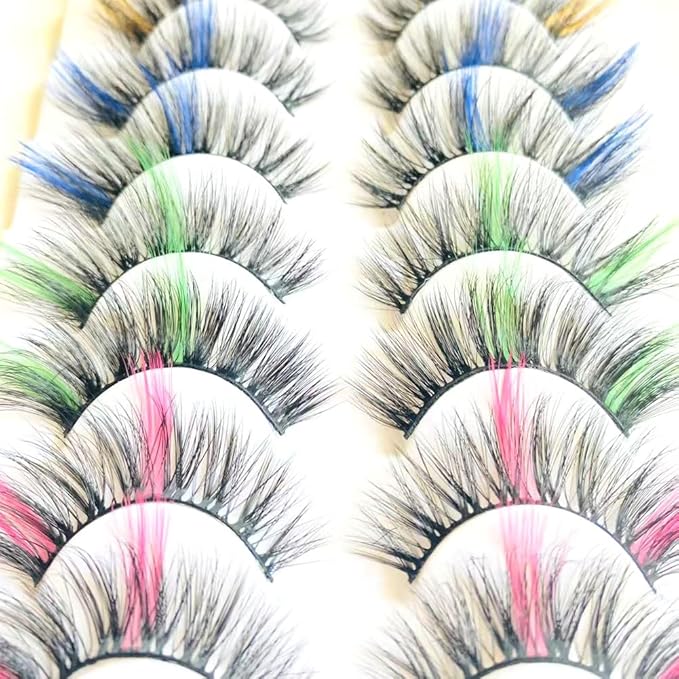 Sunniess Ombre Colored Lashes Silk Protein Fluffy Wispy Volume Fake Lashes for Halloweens Cosplay Party Stage Lashes with Color Make up Faux Mink False Eyelashes