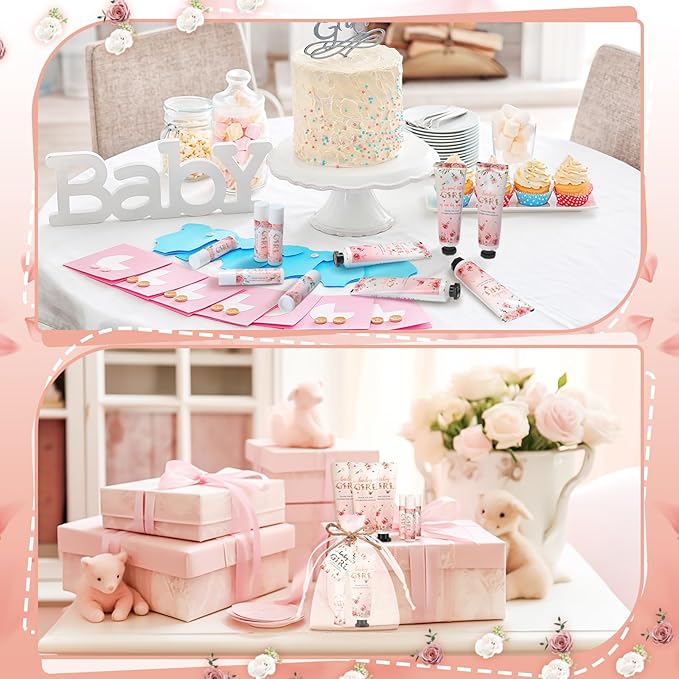 192 Pcs Baby Shower Gifts for Guests Prizes Include 48 Hand Cream and 48 Lip Balm Bulk Bridal Wedding Party Gifts Favor Travel Hand Lotion with Organza Bags Tags for Guests(Baby Girl)