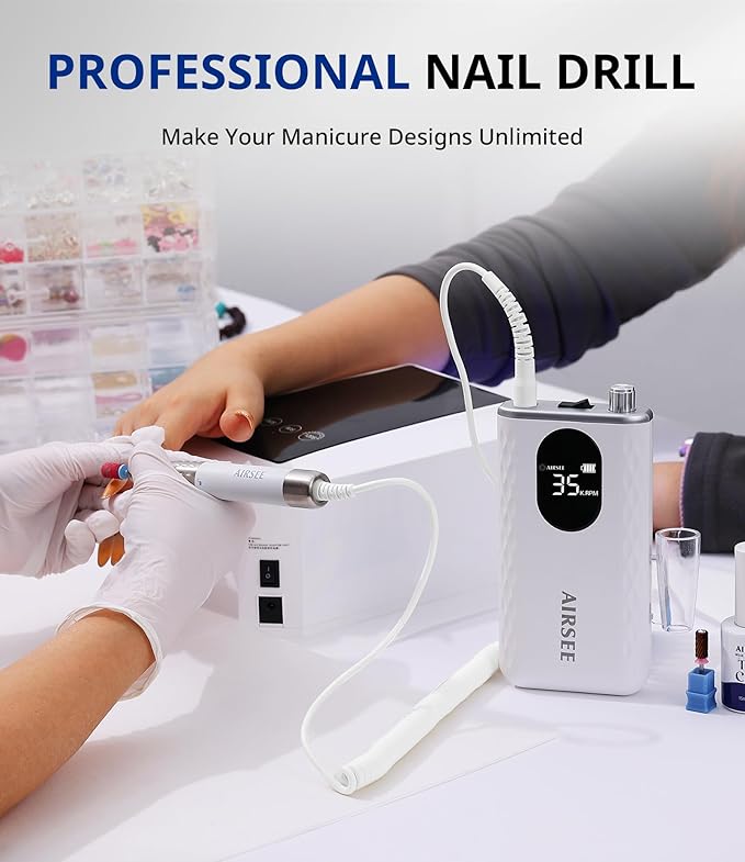 AIRSEE Updated Professional Nail Drill,Rechargeable Cordless Efile Machine for Acrylic Extension Gel Dip Powder Powerful Portable Efile 56 Sanding Bands 7 Bits,Low Noise Low Heat