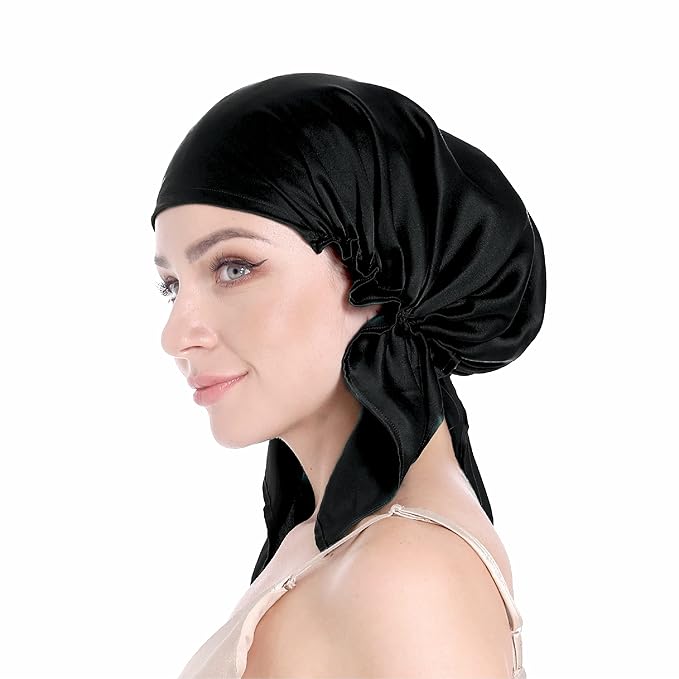 100% Silk Bonnet for Sleeping With Tie Band, Large Sleep Cap for Curly Hair, Wrap for Hair Care - Rich Black