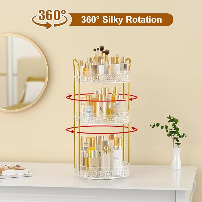 Rotating Makeup Organizer for Vanity 3 Tier, Perfume Organizer with Makeup Brush Holder, Large Capacity Cosmetics Clear Skincare Organizer for Countertop (Transparent)