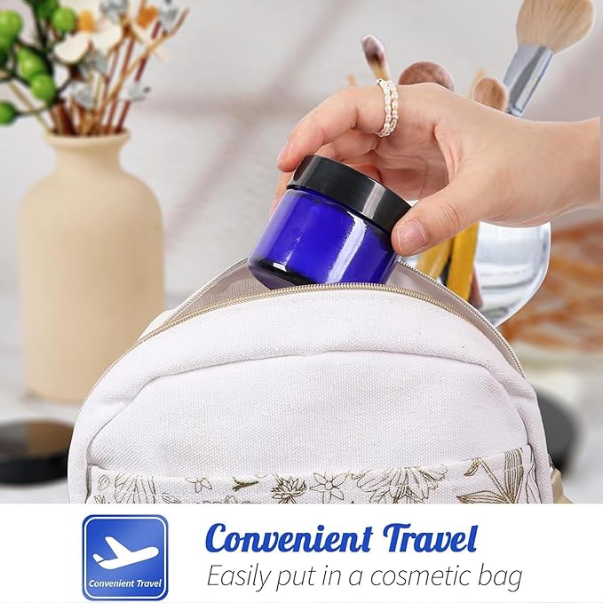 24 Pack 2 oz Round Blue Glass Cosmetic Jars with Inner Liners and Black Lids, Travel Jars, Refillable Containers for Makeup, Cream, Lotion, Sugar Scrubs, Eye Shadow, Slime, Paint, Jewelry