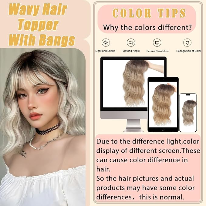 16 Inch Hair Toppers for Women with Thinning Hair, 360° 3D Realistic Toppers for Women Wispy Bangs Clip Synthetic Curly Wavy (6-8)