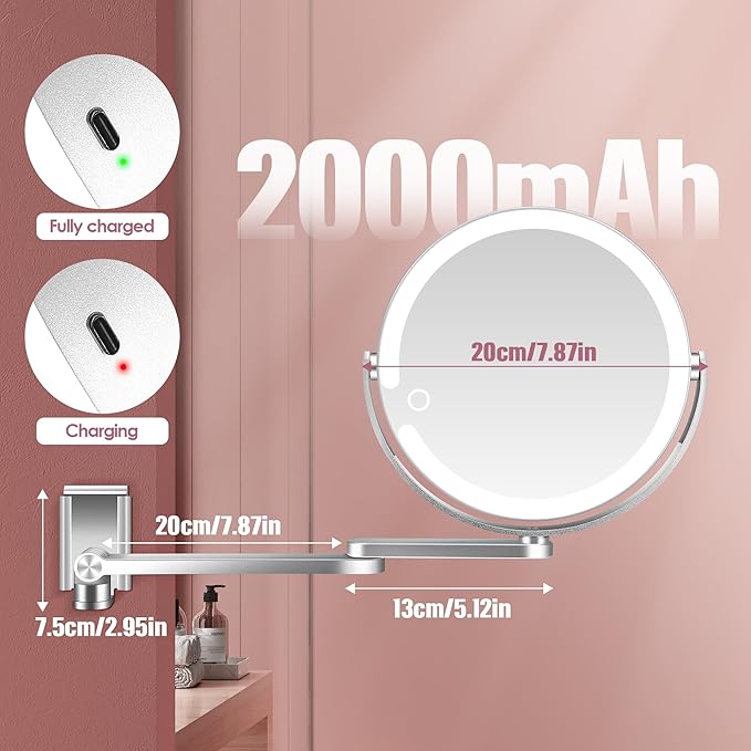 1X/20X Rechargeable Wall Mounted Lighted Makeup Mirror, 8" Magnifying Mirror with 3 Color Dimmable Lights for Bathroom, Built in 2000mAh Battery, 360° Rotation Vanity Mirror Extendable Arm