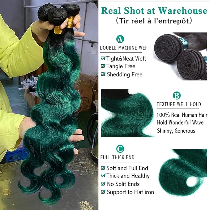 1b/Green Brazilian Body Wave Bundles 2 Tone Ombre Hair 1 Bundle Remy Body Weft Unprocessed 12A Virgin Human Hair(20", Body 1B/Green)