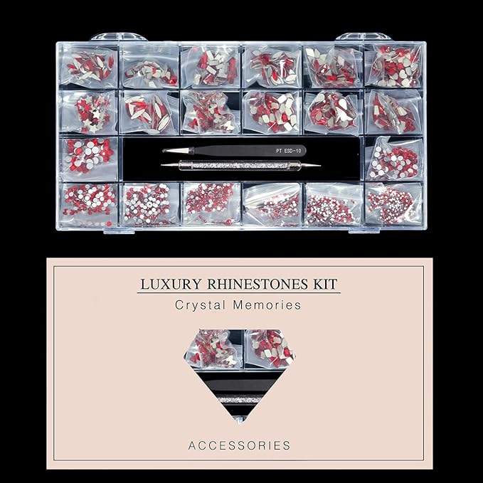12 Types of Red 600 Diamonds + 2500 Flat Rhinestones Mix 20 Styles Flatback DIY Crafts Rhinestone Crystals 3D Decorations Flat Back Stones Set +Tweezers + Drill Pen
