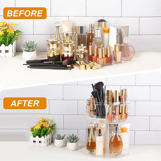 AMEITECH Rotating Makeup Organizer, 360 Spinning Skincare Organizers, 8 Adjustable Layer Cosmetic Storage Case with Brush Holder Perfume Tray for Vanity Bathroom Countertop - Large