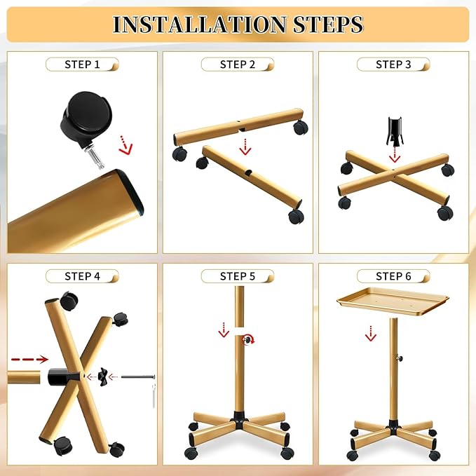Salon Tray on Wheels, Gold Salon Tray Cart with Adjustable Height, Metal Service Instrument Storage Tray for Salon&Home Use