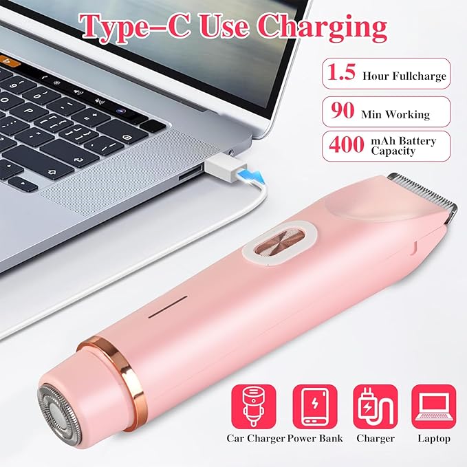 Glow Aura Womens Shaver 2 in 1, Glow Aura Electric Razor, 2 in 1 Women Electric Shaver Dual Head Bikini Trimmer for Women, IPX67 Waterproof Wet & Dry Use Body Hair Trimmer (Pink)