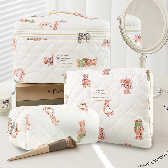 3Pcs Makeup Bag Cotton Quilted Travel Cosmetic Bag Cute Floral Makeup Pouch Large Toiletry Bag for Women Girls