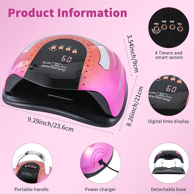 268 W UV LED Nail Lamp for Gel Polish with 4 Timer Settings and Professional Manicure Nail Dryer with Automatic Sensor