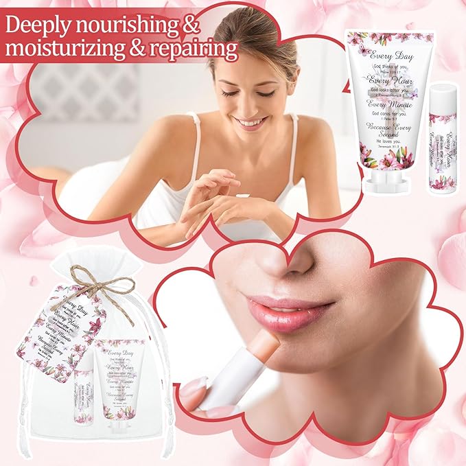 24 Sets Christian Hand Cream and Lip Balm Gift Set Christmas Christian Gift for Women Travel Size Hand Lotion Bible Verse Lip Balm Bulk for Baby Bridal Shower Mom Holiday Gift(Stylish)