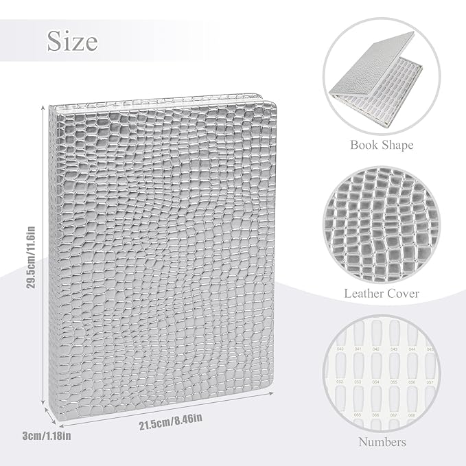 216 Colors Nail Display Chart, Nail Gel Polish Organizer Color Card with 240 False Nail Tips, Nail Color Display Book Chart Salon Nail Supplies Sample Chart Tool Set Nail Swatch (Silver, 2 Pack)