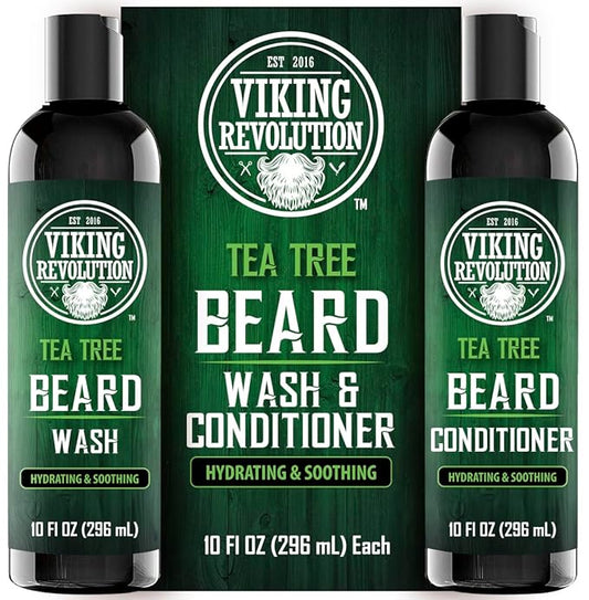 Viking Revolution Tea Tree Oil Beard Wash and Beard Conditioner For Men - Natural Beard Softener Set with Argan Oil, Vitamin E and Ginseng - Tea Tree Beard Shampoo and Conditioner Set (10 Oz)