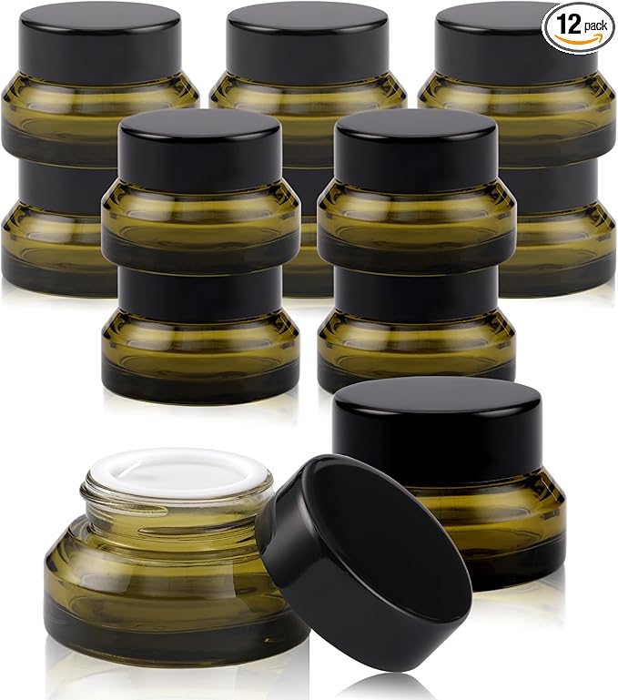 12 pack Glass Cosmetic Jars with Lids Small Lotion Containers for Traveling Green Empty Skincare Container for Face Cream Toiletries Makeup (0.5oz)