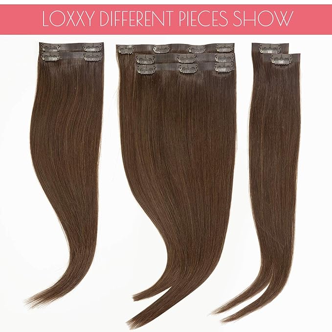 Loxxy Tape Clip In Hair Extensions Natural Thick End Glam Seamless Hair Extensions Clip in Human Hair For Women Silky Straight Full Head Dark Brown Color 7 Pieces 110Gram 16inch