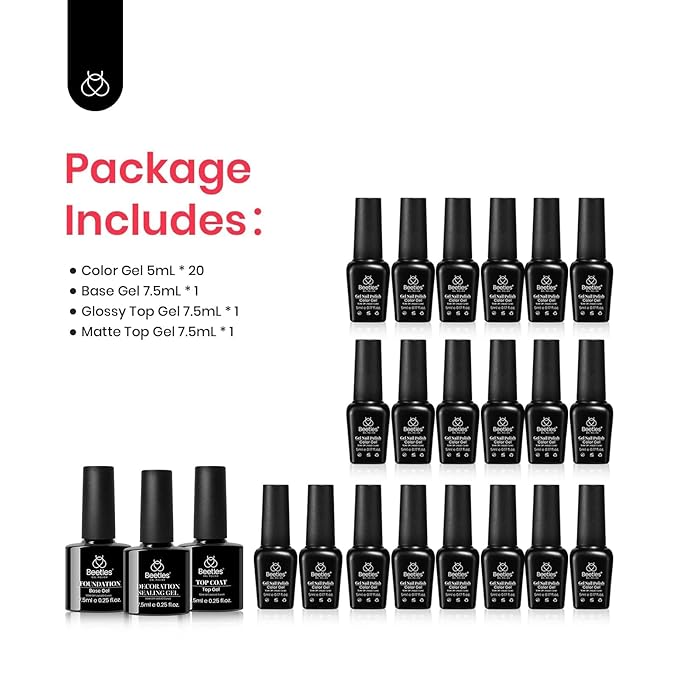 Beetles Summer Gel Polish Set, 20 Colors Neon Gel Polish Glitter Pink Red Green Blue Nail Polish Bright Rainbow Collection Sparkle Gel Base Glossy & Matte Top Coat UV Gel Gift for Women & Girls