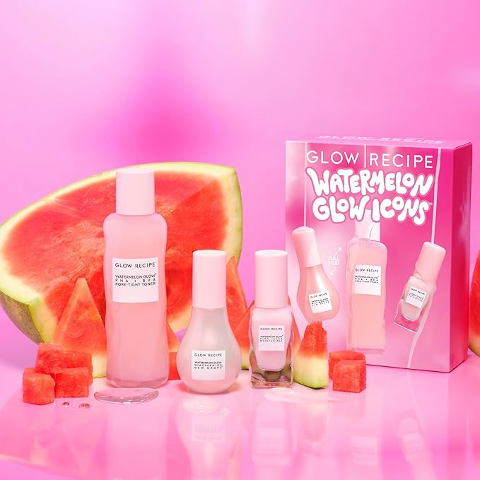 Glow Recipe Watermelon Glow Icons Skin Care Gift Set - Niacinamide Dew Drops Face Serum (40ml) + PHA + BHA Pore Minimizing Toner with Hyaluronic Acid (150ml) + Pink Juice Facial Moisturizer (25ml)