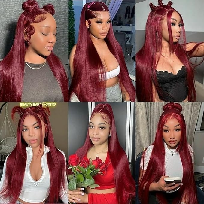 99J Straight Lace Front Wigs Human Hair Red Colored Wig Pre Plucked with Baby Hair for Black Women, 13x6 Burgundy Lace Frontal Wig Brazilian Virgin Human Hair Glueless 26 Inch
