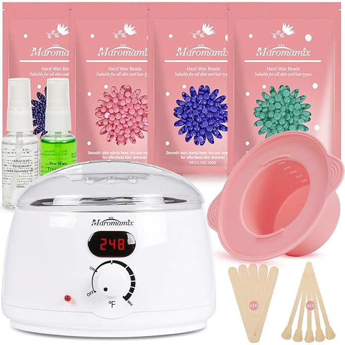 Waxing Kit for Women Men Digital Wax Warmer Hair Removal Machine with 4 Packs of Hard Wax Beads & Silicone Wax Pot for Legs, Face, Eyebrows, Bikini, Brazilian Full Body at Home Waxing Kit