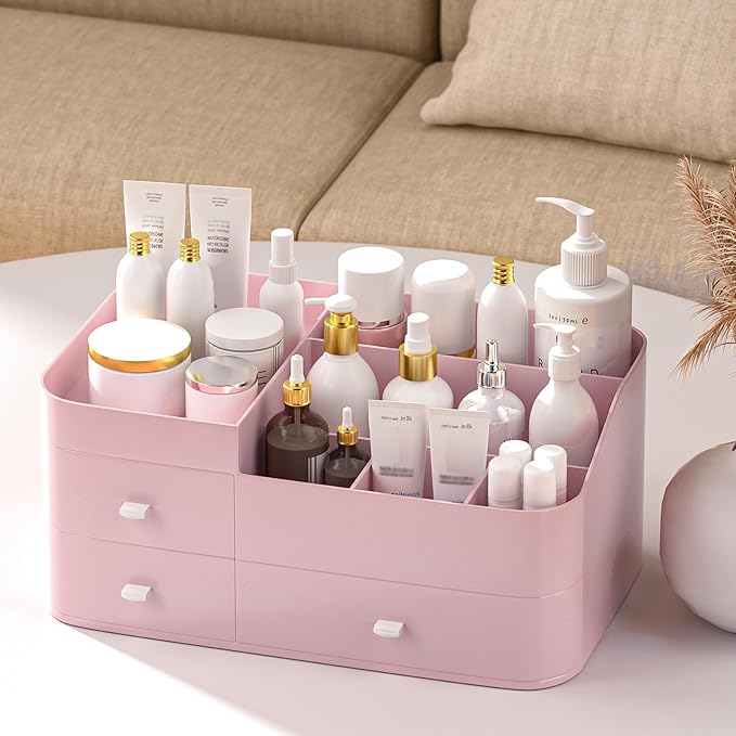 MIUOPUR Makeup Organizer for Vanity, Large Capacity Desk Organizer with Drawers for Cosmetics, Lipsticks, Jewelry, Nail Care, Skincare, Ideal for Bedroom and Bathroom Countertops - Large Pink