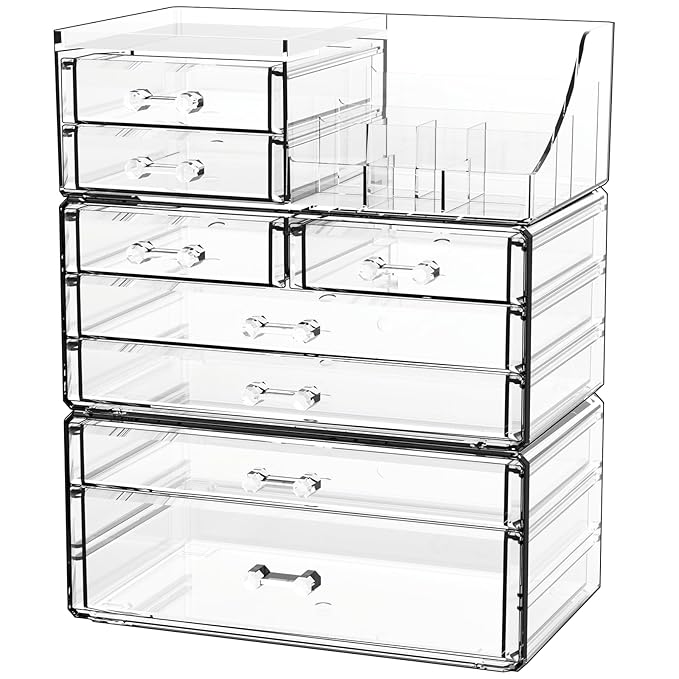 Cq acrylic 3 Pack Clear Make Up Organizers for Vanity With 8 Drawers,Stackable Skincare Organizer and Cosmetic Storage Organizer for Jewelry,Lipstick,Beauty,Skin Care,Vanity Organizers and Storage
