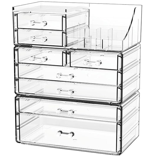 Cq acrylic 3 Pack Clear Make Up Organizers for Vanity With 8 Drawers,Stackable Skincare Organizer and Cosmetic Storage Organizer for Jewelry,Lipstick,Beauty,Skin Care,Vanity Organizers and Storage