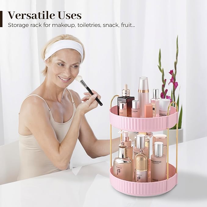 Aveniee 360 Rotating Makeup Organizer for Vanity, Skincare Perfume Organizers Large Capacity, Bathroom Countertop Organizer and Storage, Clear Cosmetics Lipstick Holder for dresser(2 Tiers, Pink)