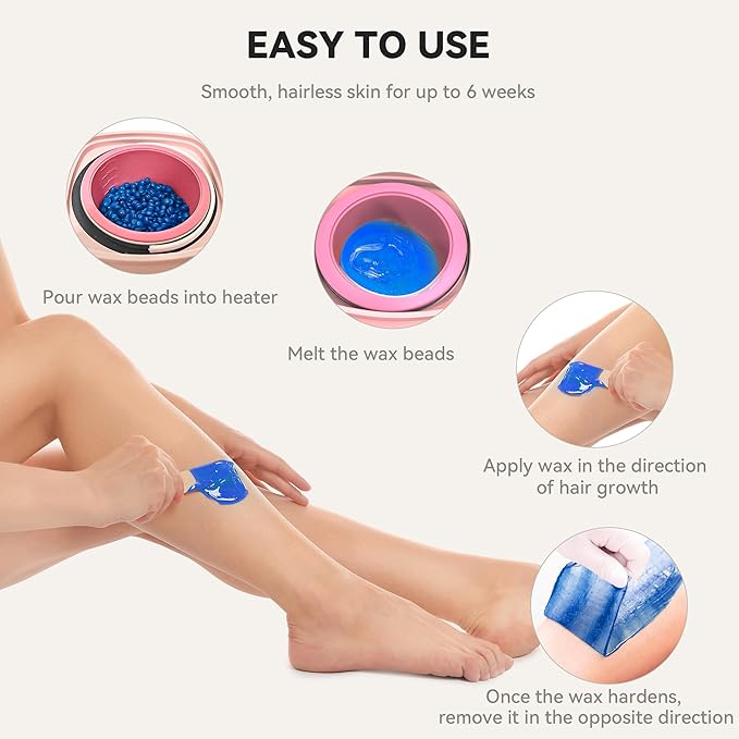 Waxing Kit for Women Men, Digital Wax Kit with Silicone Bowl & 4 Bags Hard Wax Beads, Portable Wax Warmer for Sensitive Skin Full Body Hair Removal, Brazilian Bikini, Eyebrow, Face (Pink)