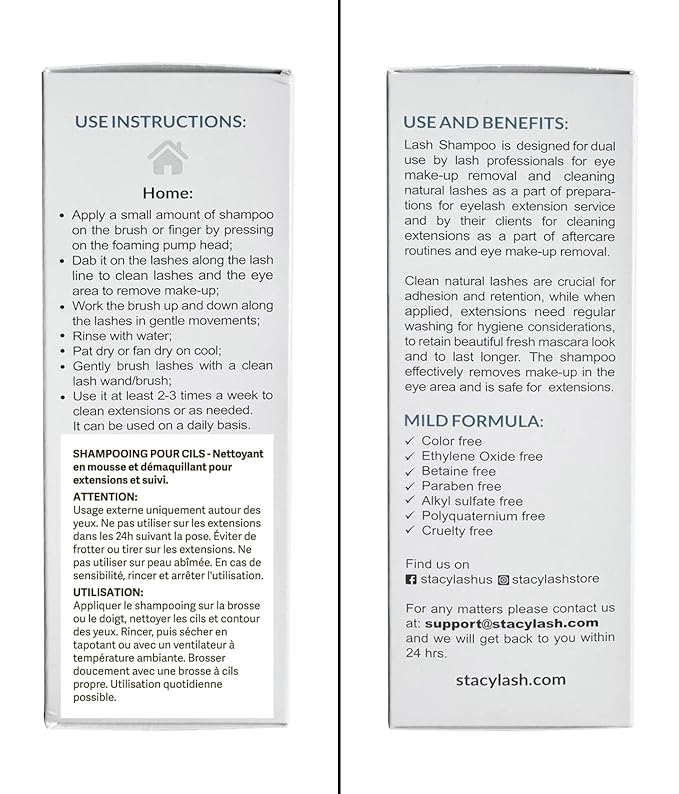 STACY LASH 6.76 fl.oz / 200ml Eyelash Extension Shampoo + Brush/Eyelid Foaming Cleanser/Wash for Extensions & Natural Lashes/Safe Makeup Remover/Supplies for Professional & Home Use