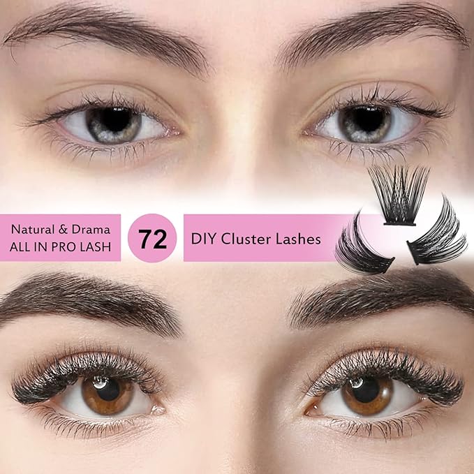 PRO LASHBEAUTY Cluster Lashes, 72 Pcs Individual Lashes, DIY Eyelash Extension, Super Thin Band, Reusable, Soft & Comfortable (Into You-01-D-16mm)