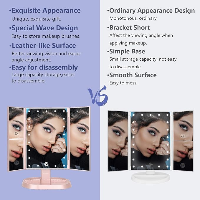deweisn Trifold Lighted Vanity Makeup Mirror with 21 LED Lights,1x/2x/3x Magnification and Touch Screen Dimming,Two Power Supplies Makeup Mirror, Gift for Women