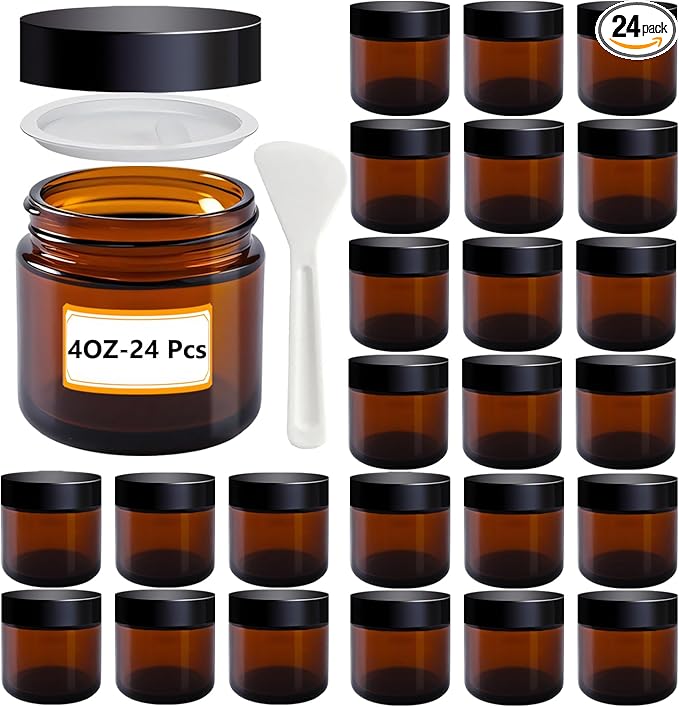 4 oz Amber Glass Jars with Lids,24 Pack 4oz Small Glass Jars with Inner Liners,4 Ounce Travel Jars for Cosmetics Container,Cream Lotion,Body Scrub