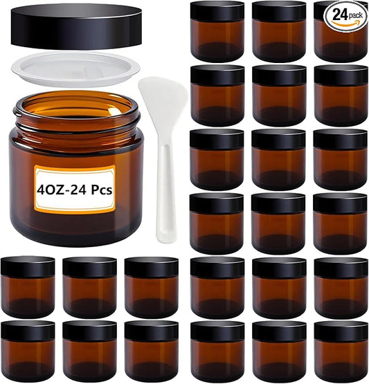 4 oz Amber Glass Jars with Lids,24 Pack 4oz Small Glass Jars with Inner Liners,4 Ounce Travel Jars for Cosmetics Container,Cream Lotion,Body Scrub