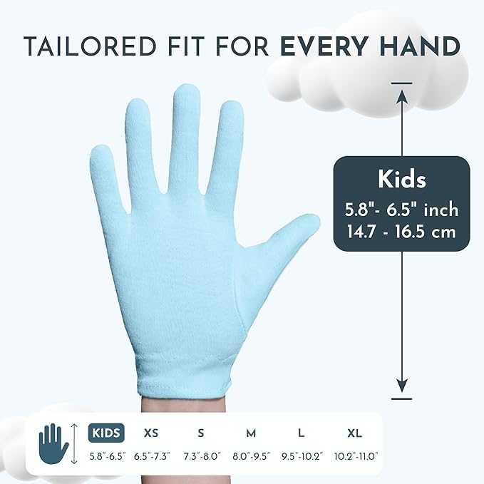 Kids 7 Pairs Blue 100% Premium Cotton Moisturizing Gloves for Kids: Dry Hands & Eczema | Overnight Lotion Treatment for Children, Girl & Boy | Reusable, Free Washing Bag, 2-5 Years