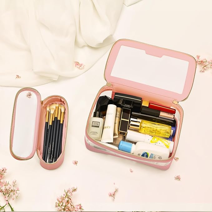 Clear Makeup Bag, Travel Clear Cosmetic Bag and Makeup Brush Bag, Transparent Portable Makeup Case, Waterproof Toiletry Bag with Zipper for Women, Pink